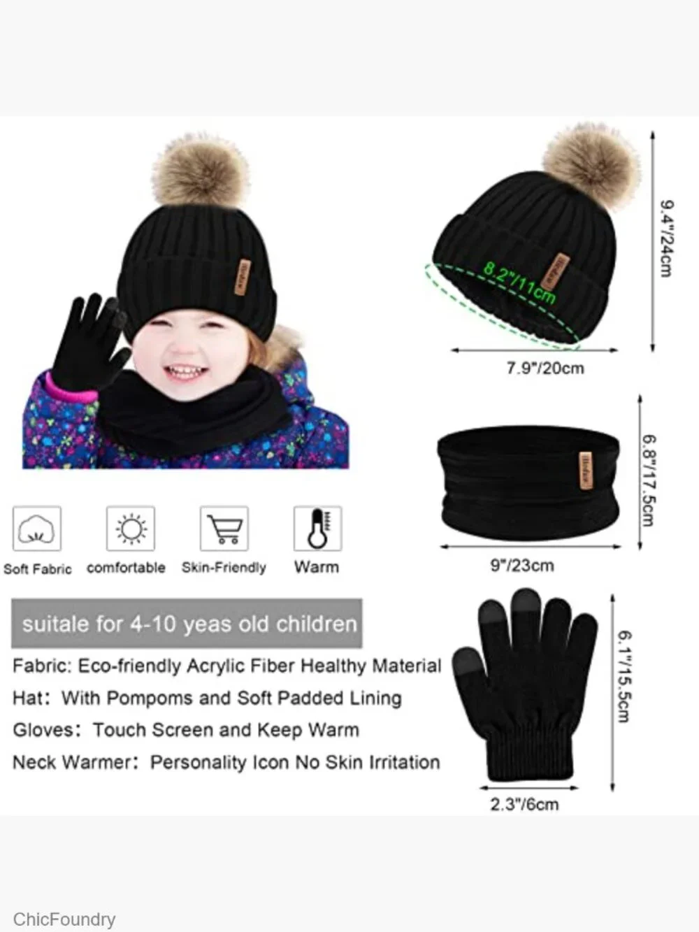 Kids Winter Hat Gloves Scarf Set with Touchscreen Mittens
